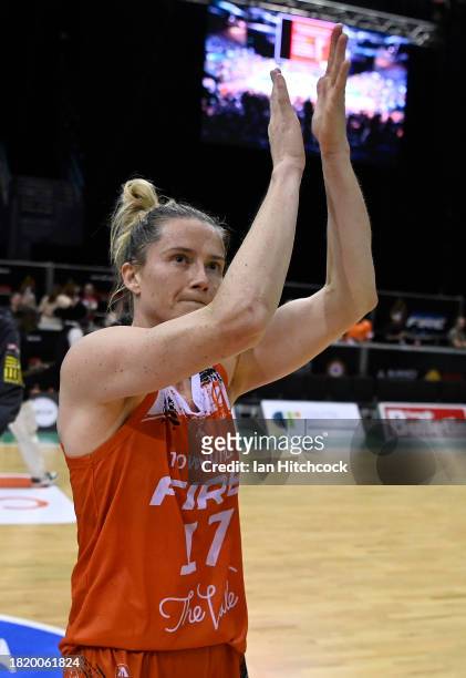 Sami Whitcomb of the Fire celebrates after winning the WNBL match between Townsville Fire and Adelaide Lightning at Townsville Entertainment Centre,...