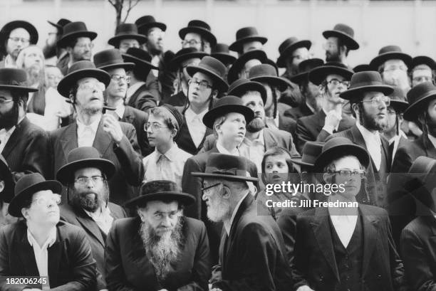 Large group of Hasidic Jewish men and boys in New York City, 1986.