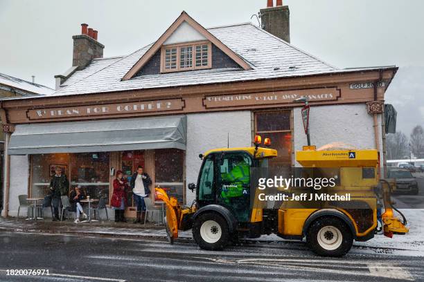 Plough spreads grit on November 29, 2023 in Ballater Scotland. On Tuesday, the Met Office issued a warning for snow and ice from 5pm onwards,...