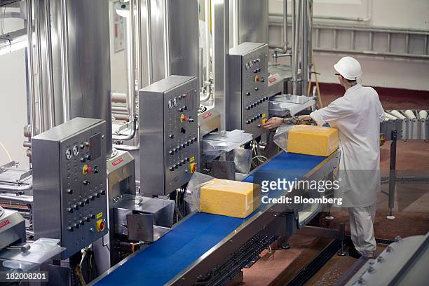 Blocks of Red Leicester cheese move along the packaging line at Wyke Farms Ltd., in Bruton, U.K., on Friday, Sept. 27, 2013. Wyke Farms, the U.K.'s...