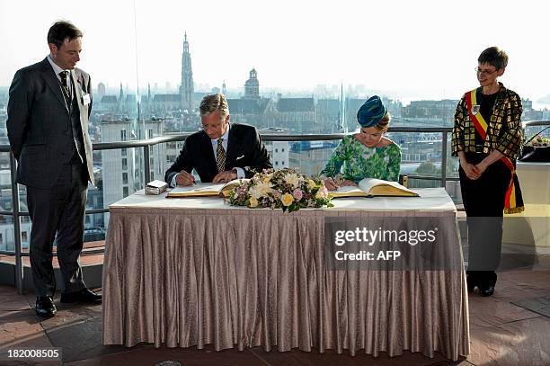 Antwerp's mayor Bart De Wever, King Philippe of Belgium, Queen Mathilde of Belgium and Antwerp's province governor Cathy Berx attend the 'Joyous...