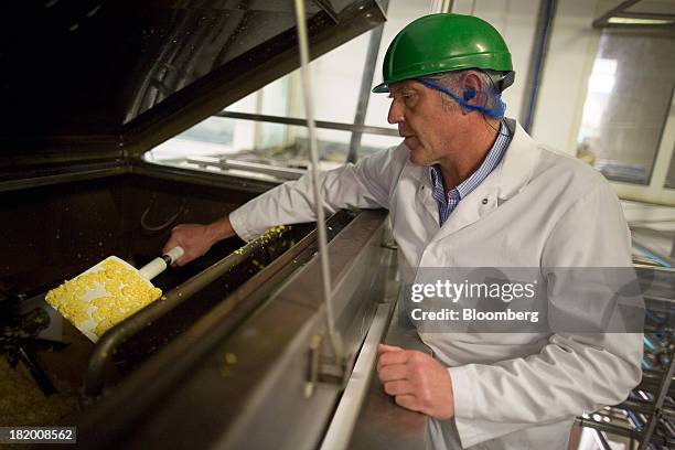 An employee checks a block of Red Leicester cheese during the manufacturing process at Wyke Farms Ltd., in Bruton, U.K., on Friday, Sept. 27, 2013....