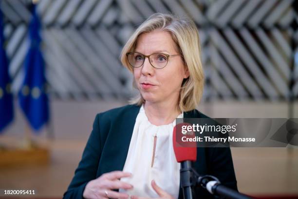 Austrian Minister for Climate Action, Environment, Energy, Mobility, Innovation and Technology Leonore Gewessler is talking to media prior an EU...