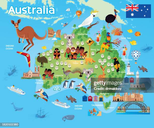 stockillustraties, clipart, cartoons en iconen met australia kids map - australië