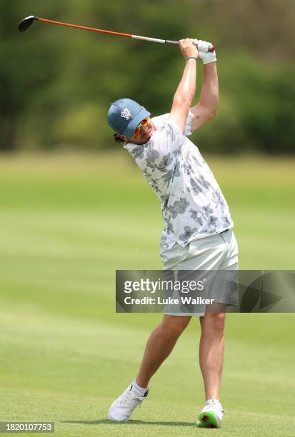 Ewen Ferguson of Scotland plays a shot prior to the Investec South African Open Championship at Blair Atholl Golf & Equestrian Estate on November 29,...