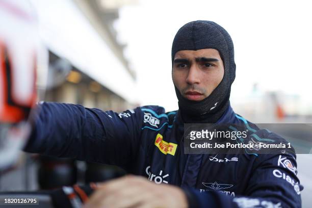 Juan Manuel Correa of United States and DAMS prepares to drive in the garage during day 1 of Formula 2 testing at Yas Marina Circuit on November 29,...