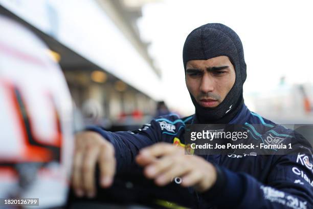 Juan Manuel Correa of United States and DAMS prepares to drive in the garage during day 1 of Formula 2 testing at Yas Marina Circuit on November 29,...