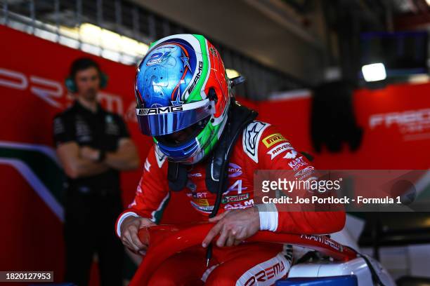 Andrea Kimi Antonelli of Italy and PREMA Racing prepares to drive in the garage during day 1 of Formula 2 testing at Yas Marina Circuit on November...