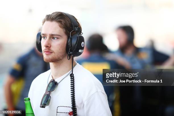 Christian Mansell of Australia and Trident looks on in the Pitlane during day 1 of Formula 2 testing at Yas Marina Circuit on November 29, 2023 in...