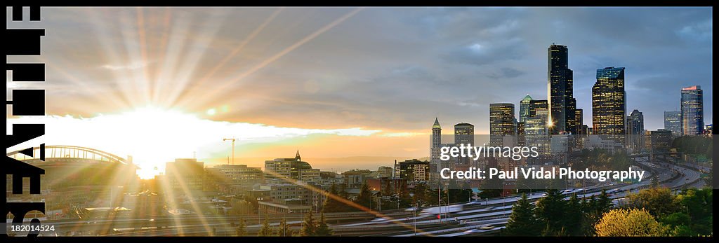 Seattle Skyline in Bursting Sunset