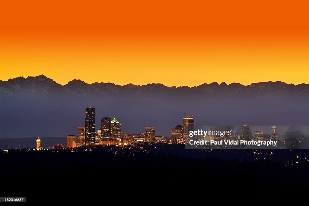 Sunset Behind Seattle Skyline & Olympic Mountains