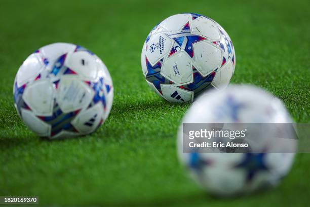 Official Adidas UEFA Champions League 23-24 ball is seen during the UEFA Champions League match between FC Barcelona and FC Porto at Estadi Olimpic...