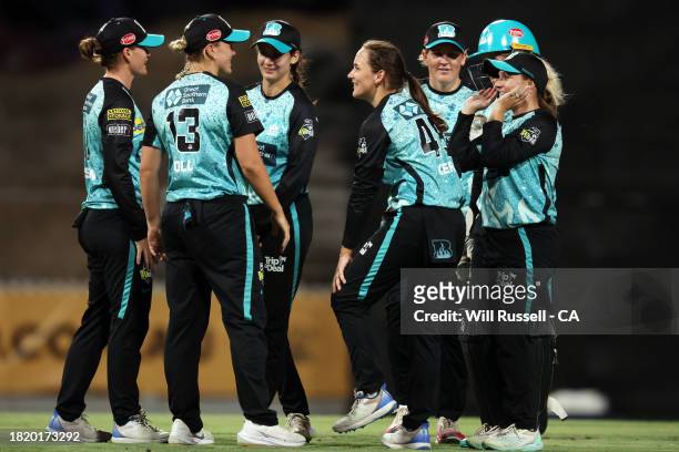 Amelia Kerr of the Heat celebrates after taking the wicket of Piepa Cleary of the Scorchers during The Challenger WBBL finals match between Perth...