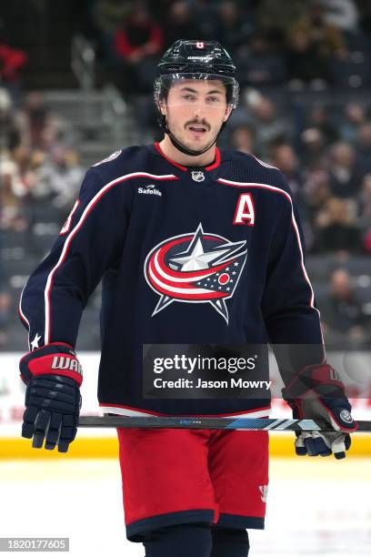 Zach Werenski of the Columbus Blue Jackets takes a break during a stoppage in play against the Columbus Blue Jackets in the second period at...