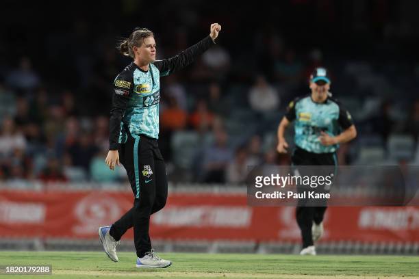 Jess Jonassen of the Heat celebrates the wicket of Nat Sciver-Brunt of the Scorchers during The Challenger WBBL finals match between Perth Scorchers...