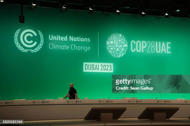 Technician prepares a plenary hall at the UNFCCC COP28 Climate Conference the day before its official opening on November 29, 2023 in Dubai, United...