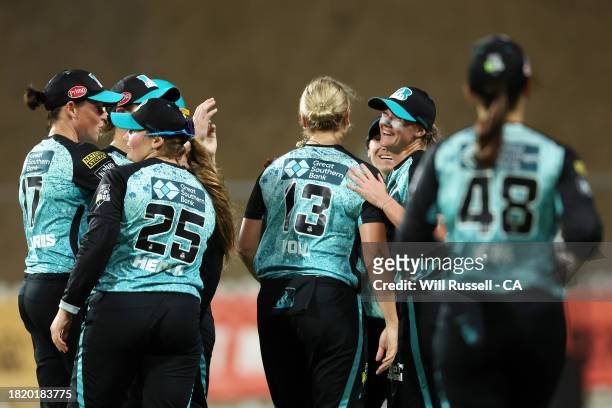 Courtney Sippel of the Heat celebrates after taking the wicket of Alana King of the Scorchers during The Challenger WBBL finals match between Perth...