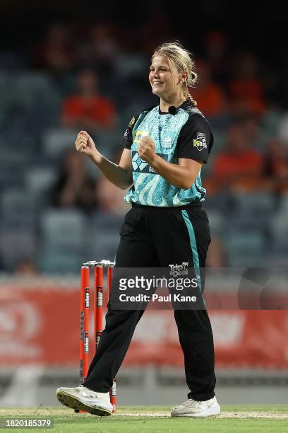 Georgia Voll of the Heat celebrates the wicket of Alana King of the Scorchers during The Challenger WBBL finals match between Perth Scorchers and...
