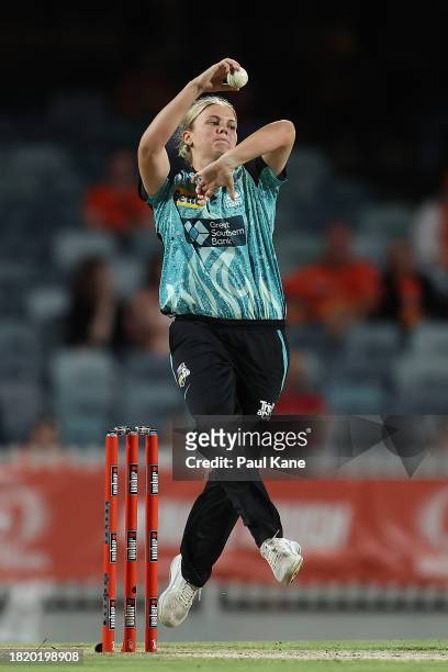 Georgia Voll of the Heat bowls during The Challenger WBBL finals match between Perth Scorchers and Brisbane Heat at the WACA, on November 29 in...