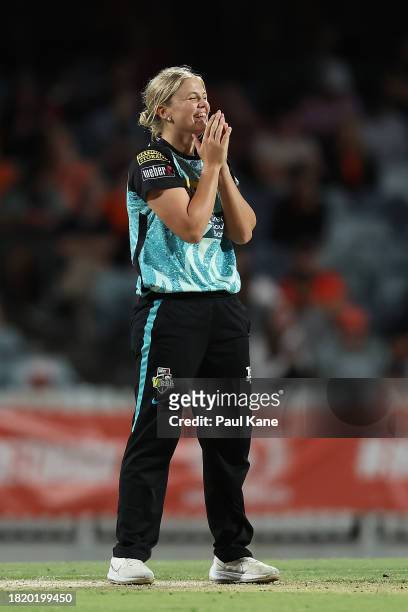 Georgia Voll of the Heat looks on after a delivery during The Challenger WBBL finals match between Perth Scorchers and Brisbane Heat at the WACA, on...