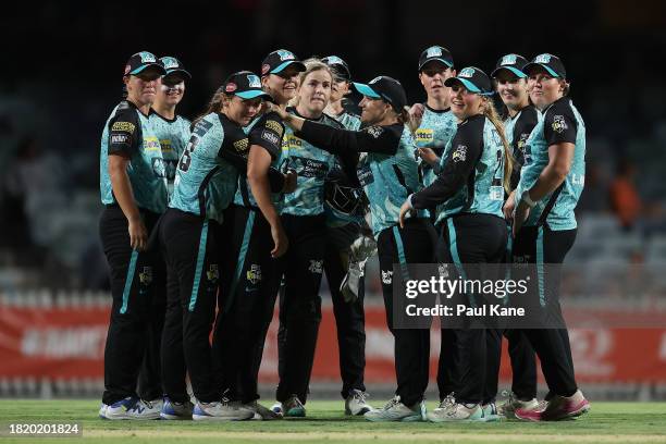 The Heat watch a review on the big screen during The Challenger WBBL finals match between Perth Scorchers and Brisbane Heat at the WACA, on November...