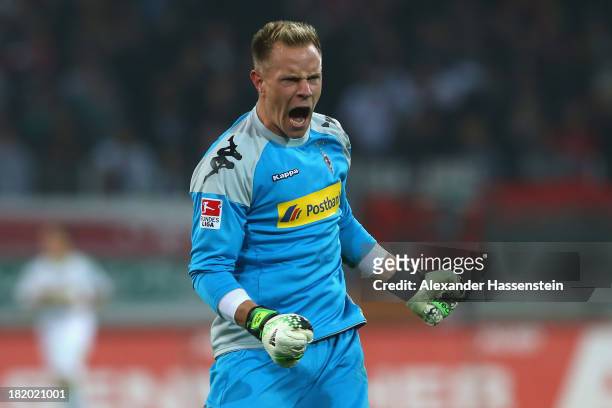 Marc-Andre ter Stegen of Moenchengladbach reacts during the Bundesliga match between FC Augsburg and Borussia Moenchengladbach at SGL Arena on...