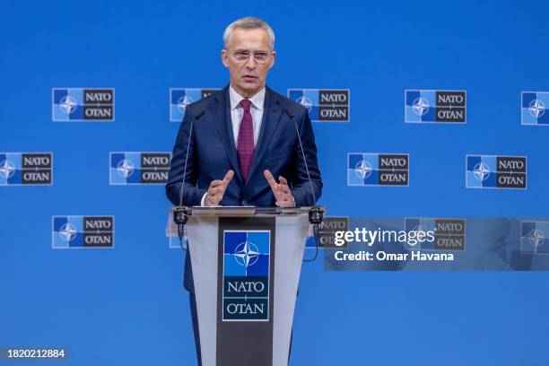 Secretary General Jens Stoltenberg holds the closing press conference during the final day of Foreign Affairs Ministers' meetings at NATO...