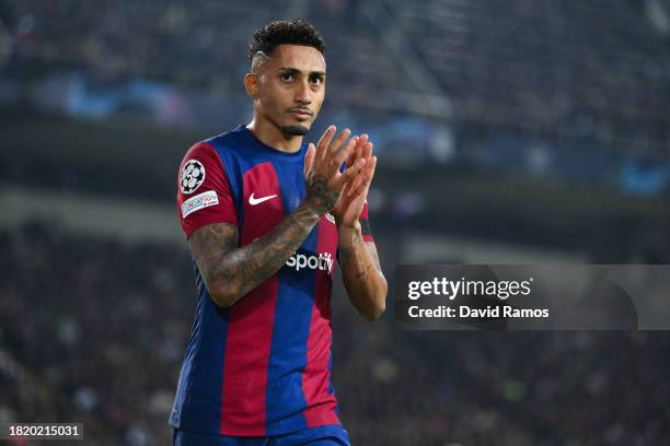 Rafinha of FC Barcelona acknowledges the crowd during the UEFA Champions League match between FC Barcelona and FC Porto at Estadi Olimpic Lluis...