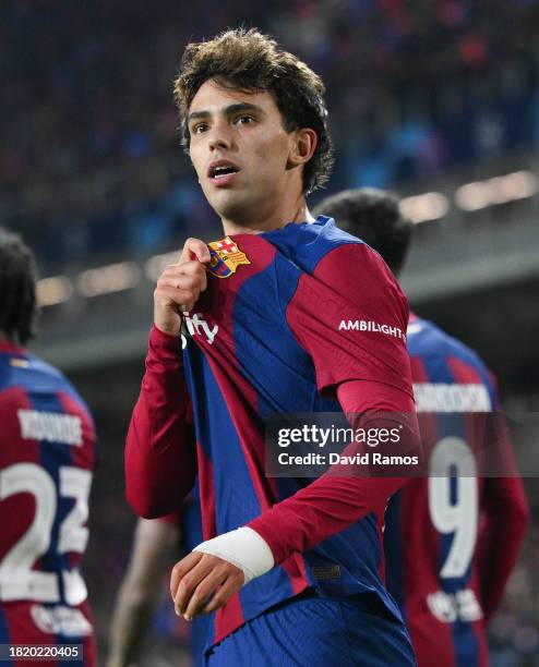 Joao Felix of FC Barcelona celebrates their team's second goal during the UEFA Champions League match between FC Barcelona and FC Porto at Estadi...