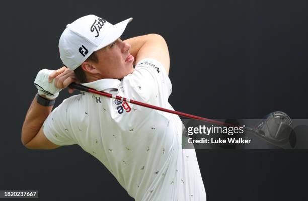 Chase Hanna of USA plays a shot prior to the Investec South African Open Championship at Blair Atholl Golf & Equestrian Estate on November 29, 2023...