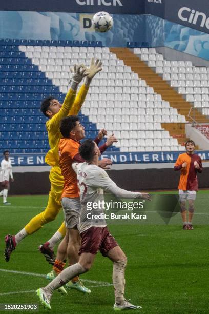 Jankat Yilmaz of Galatasaray saves the ball during the UEFA Youth League match between Galatasaray A.S. And Manchester United at on November 29, 2023...