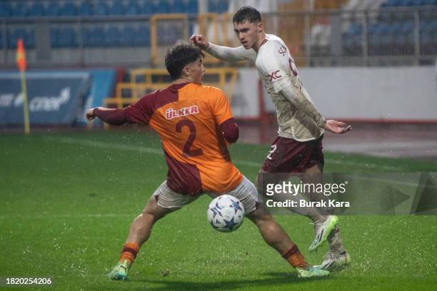 James Scanlon of Manchester United is in action with Ali Turalp Bulbul of Galatasaray during the UEFA Youth League match between Galatasaray A.S. And...