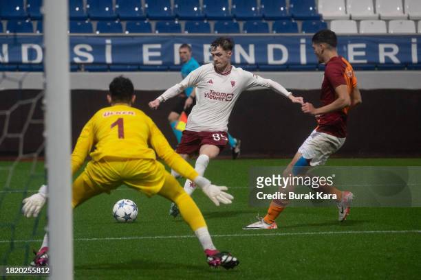 Jack Fletcher of Manchester United attempts to shoot at the goal during the UEFA Youth League match between Galatasaray A.S. And Manchester United at...