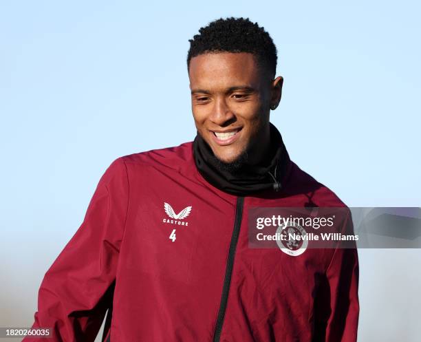 Ezri Konsa of Aston Villa in action during a training session at Aston Villa's Bodymoor Heath training ground on November 29, 2023 in Birmingham,...