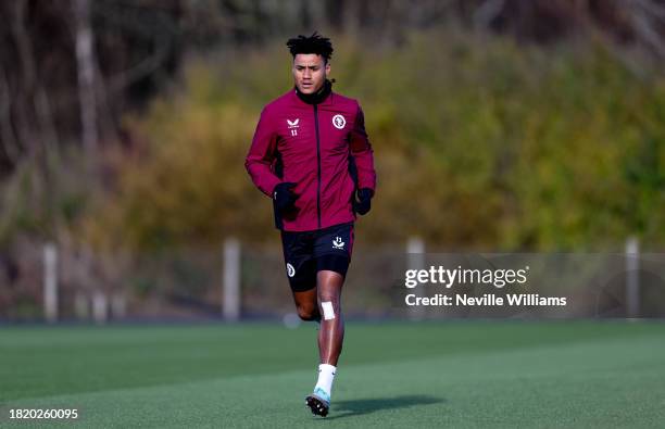 Ollie Watkins of Aston Villa in action during a training session at Aston Villa's Bodymoor Heath training ground on November 29, 2023 in Birmingham,...