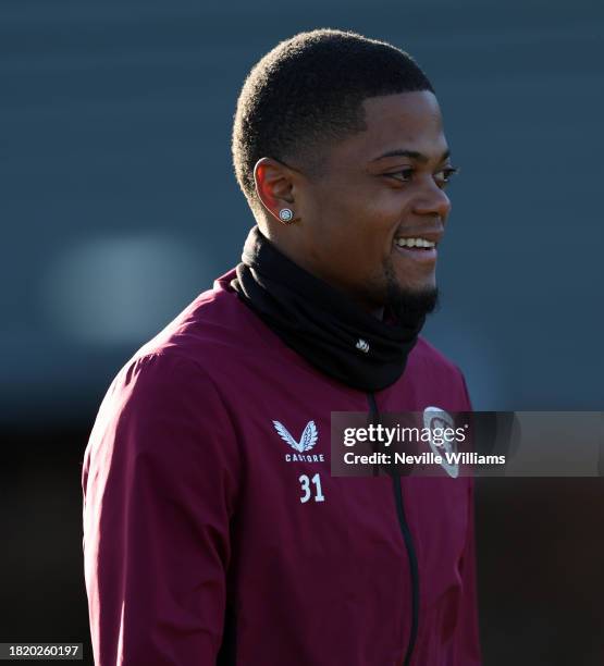 Leon Bailey of Aston Villa in action during a training session at Aston Villa's Bodymoor Heath training ground on November 29, 2023 in Birmingham,...