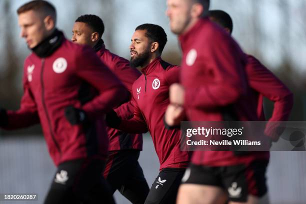 Douglas Luiz of Aston Villa in action during a training session at Aston Villa's Bodymoor Heath training ground on November 29, 2023 in Birmingham,...