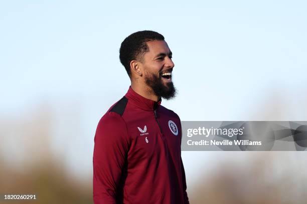 Douglas Luiz of Aston Villa in action during a training session at Aston Villa's Bodymoor Heath training ground on November 29, 2023 in Birmingham,...