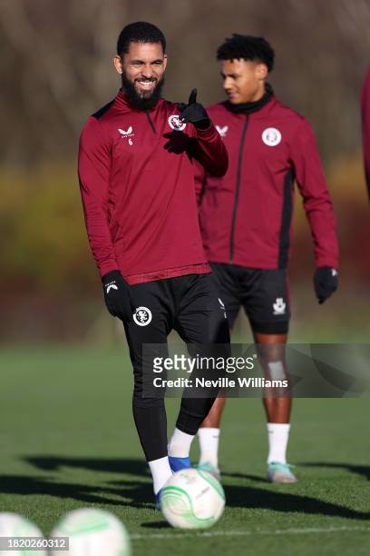 Douglas Luiz of Aston Villa in action during a training session at Aston Villa's Bodymoor Heath training ground on November 29, 2023 in Birmingham,...