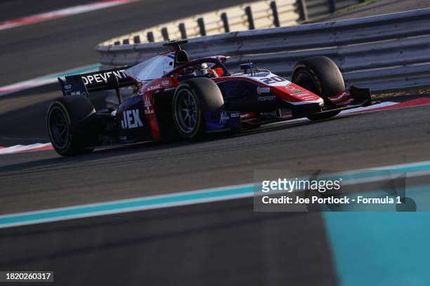 Richard Verschoor of Netherlands and Trident drives on track during day 1 of Formula 2 testing at Yas Marina Circuit on November 29, 2023 in Abu...