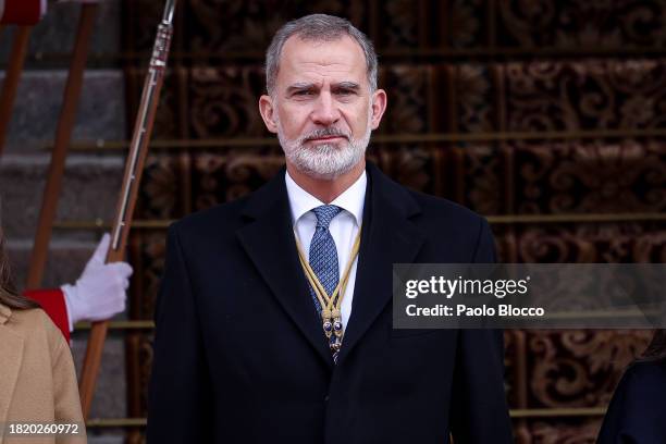 King Felipe VI of Spain attends the solemn opening of the 15th legislature at the Spanish Parliament 29, 2023 in Madrid, Spain.