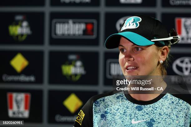 Georgia Voll of the Heat speaks to media after The Challenger WBBL finals match between Perth Scorchers and Brisbane Heat at WACA, on November 29 in...