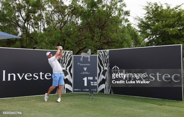 Shaun Norris of South Africa plays a shot prior to the Investec South African Open Championship at Blair Atholl Golf & Equestrian Estate on November...