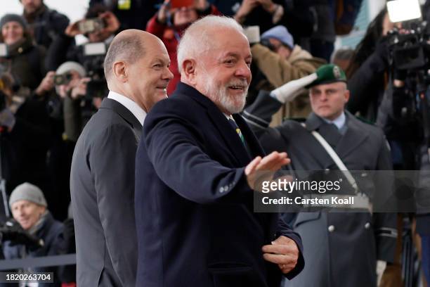German Chancellor Olaf Scholz welcomes Brazilian President Luiz Inacio Lula da Silva at Chancellory on December 4, 2023 in Berlin, Germany. The...