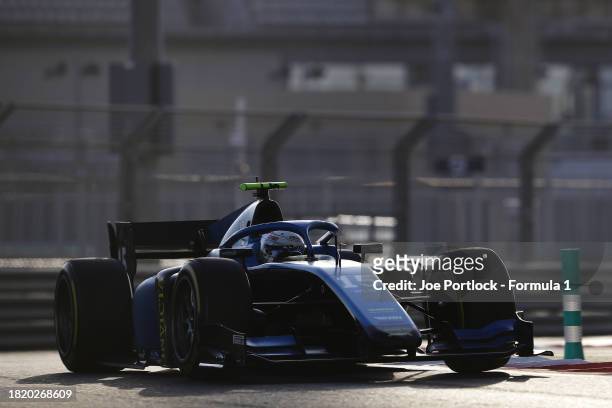 Kush Maini of India and Invicta Virtuosi Racing drives on track during day 1 of Formula 2 testing at Yas Marina Circuit on November 29, 2023 in Abu...