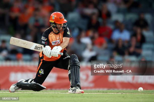 Sophie Devine of the Scorchers bats during The Challenger WBBL finals match between Perth Scorchers and Brisbane Heat at WACA, on November 29 in...