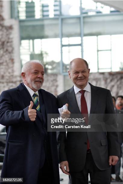 German Chancellor Olaf Scholz welcomes Brazilian President Luiz Inacio Lula da Silva at Chancellory on December 4, 2023 in Berlin, Germany. The...