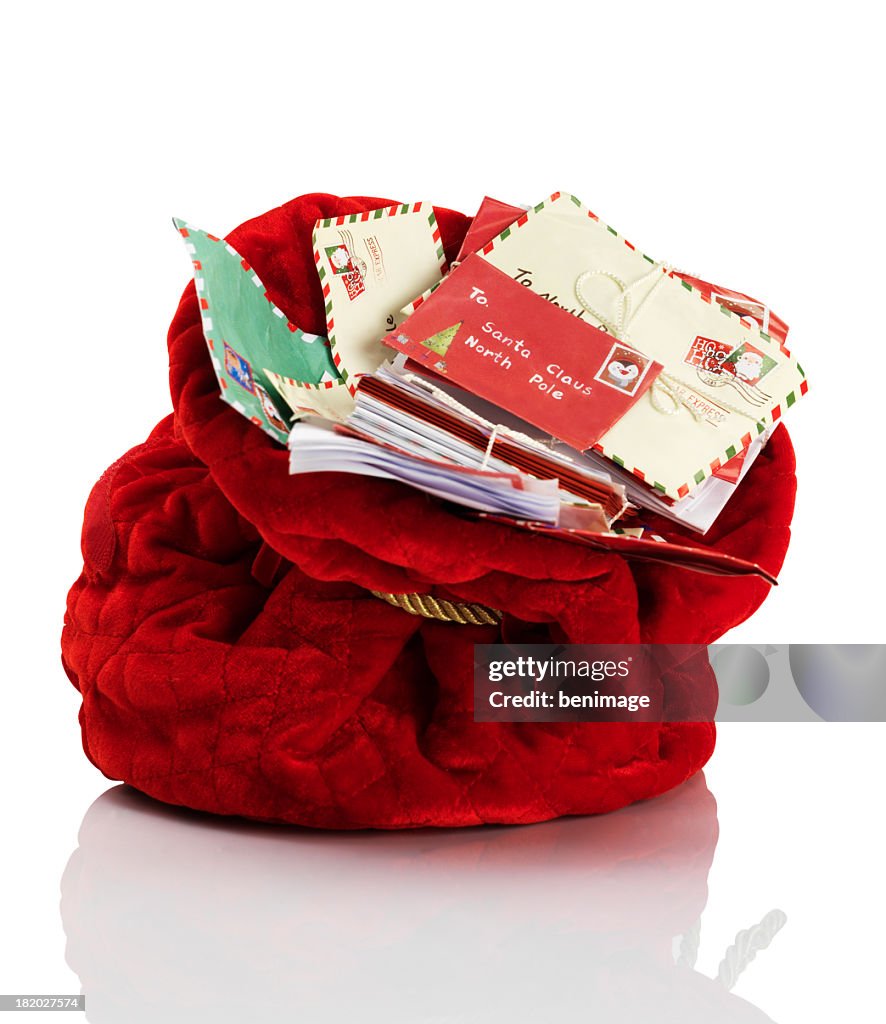 Red Santa Claus mailbag stuffed with letters