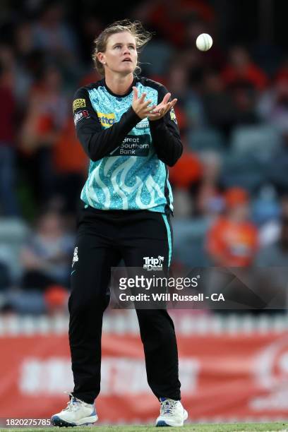 Jessica Jonassen of the Heat receives the ball during The Challenger WBBL finals match between Perth Scorchers and Brisbane Heat at WACA, on November...