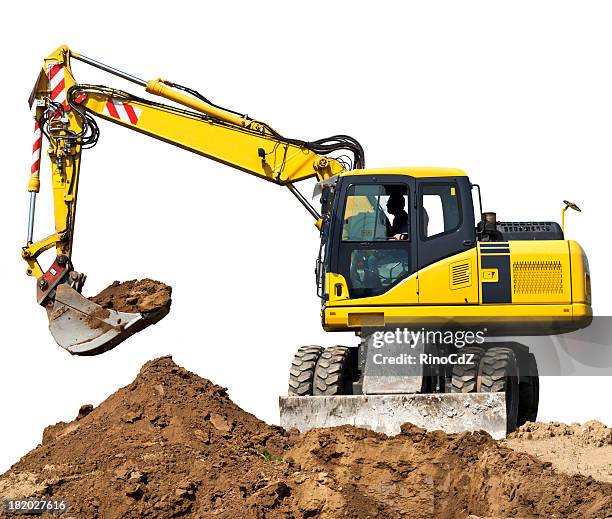 digger isolated on white - earth mover stockfoto's en -beelden